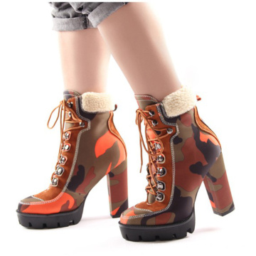 Good quality shoes Big size 11 high block heel  thick chunky platform sole Camouflage lace up ankle women boot